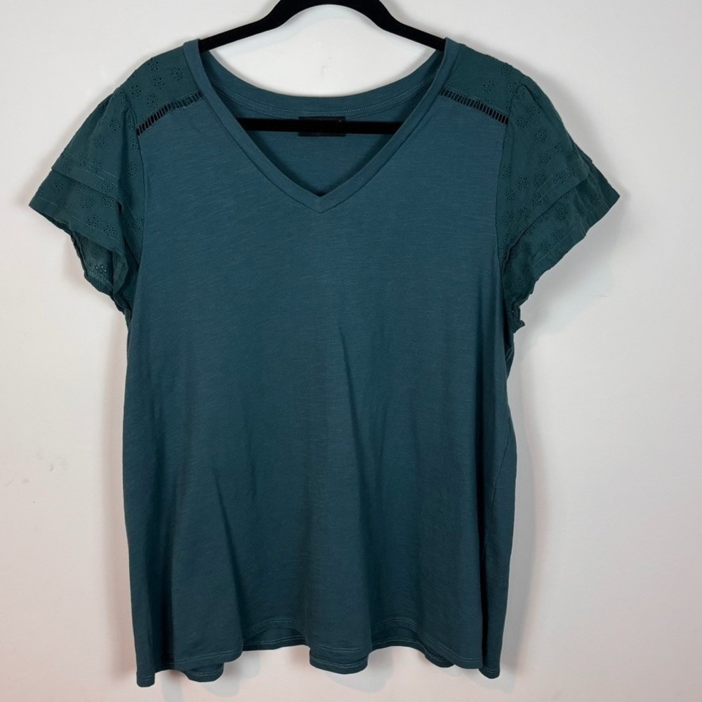 Lane Bryant Teal V‑Neck Short Sleeve Top with Eyelet Detail